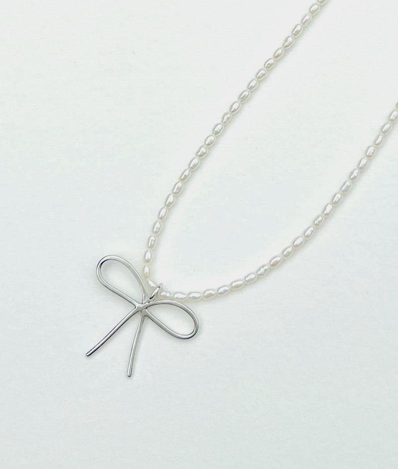 Silver Bow Pearl Necklace